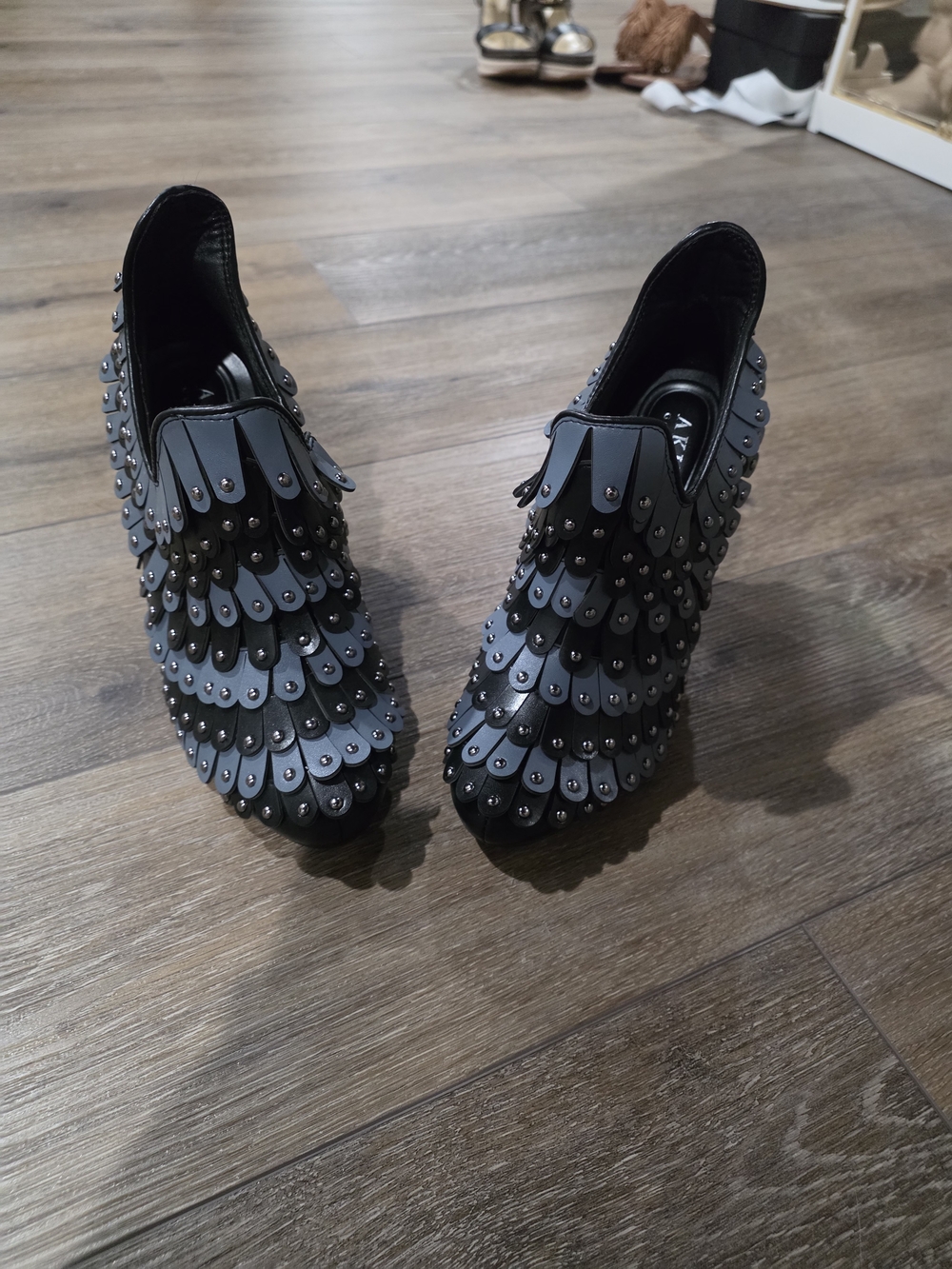 AKIRA Black Studded Layered Slip-On Heels
